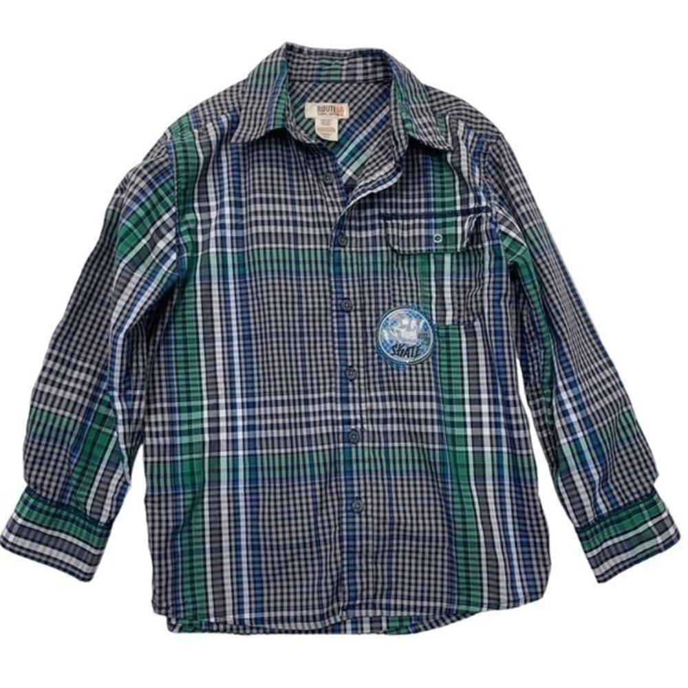 Route 66 Plaid Button Down Shirt Boys Size Medium 8 navy green white checks